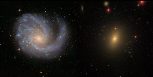 왼쪽 : 나선 은하의 이미지. 나선팔에는 새로운 별들이 많이 태어나 푸픈 빛을 띠고 있다. 오른쪽: 타원 은하의 이미지. 대부분 나이 먹은 별들로 부터 나오는 붉은 빛이 보인다. Image credit : Sloan Digital Sky Survey, CC BY-NC