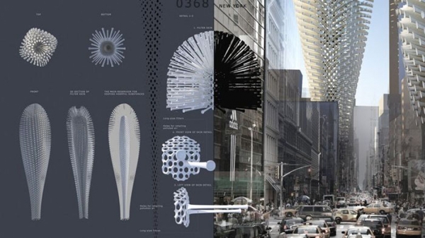 HyperFilter의 구성요소(좌)와 뉴욕에 설치한 모습을 표현한 그래픽(우)  Credit: Alexei Umarov