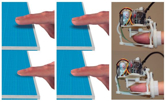 골무모양의 장비. 출처 : Efficient Nonlinear Skin Simulation for Multi-Finger Tactile Rendering