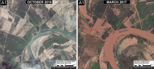 이번 홍수로 인해 넘쳐흐른 강의 위성사진 출처 : Digital Globe