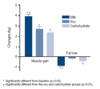 우유 짱! 출처: Consumption of fluid skim milk promotes greater muscle protein accretion following resistance exercise than an isonitrogenous and isoenergetic soy protein beverage.