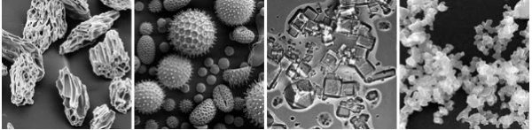 주사형전자현미경(scanning electron microscope, SEM)으로 본 에어로졸 형태. d왼쪽부터  화산재,  꽃가루  바다 소금(sea salt), 숯. 출처: USGS