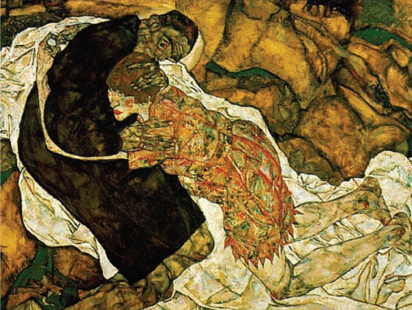 깊은 밤에 나누는 사랑. 출처: '밤을 가로질러', Egon Schiele, Tod und Mädchen, 1915.