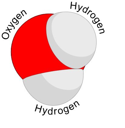 물은 2개의 수소원자와 1개의 산소원자로 구성돼요. 출처: Wikimedia Commons