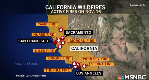 캘리포니아 지역에서 발생한 산불. 출처: 유튜브/MSNBC