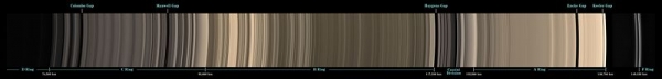 2007년, 카시니호의 협각 카메라로 빛이 비추어지지 않고 있는 토성의 D, C, B, A, F 고리(왼쪽에서 오른쪽으로)를 촬영한 사진. 출처: WIKIMEDIA COMMONS