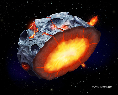 프시케와 같은 금속성 소행성이 냉각되고 굳어지면서 철 화산이 표면으로 분출했을 수도 있다. 출처: UC Santa Cruz/ Elena Hartley