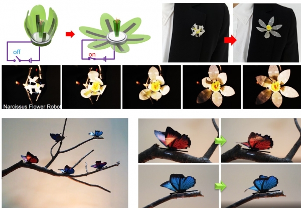 수선화 꽃이 피는 과정과 나무 위에 앉은 나비들의 날개짓을 개발한 소프트 액츄에이터로 시연한 모습. 출처: 한국연구재단