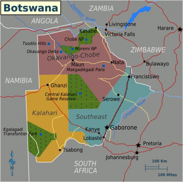 칼리하라 지역은 나미비아와 짐바브웨 국경에 이르는 보츠와나의 북부 지역에 해당합니다. 출처: Wikimedia Commons
