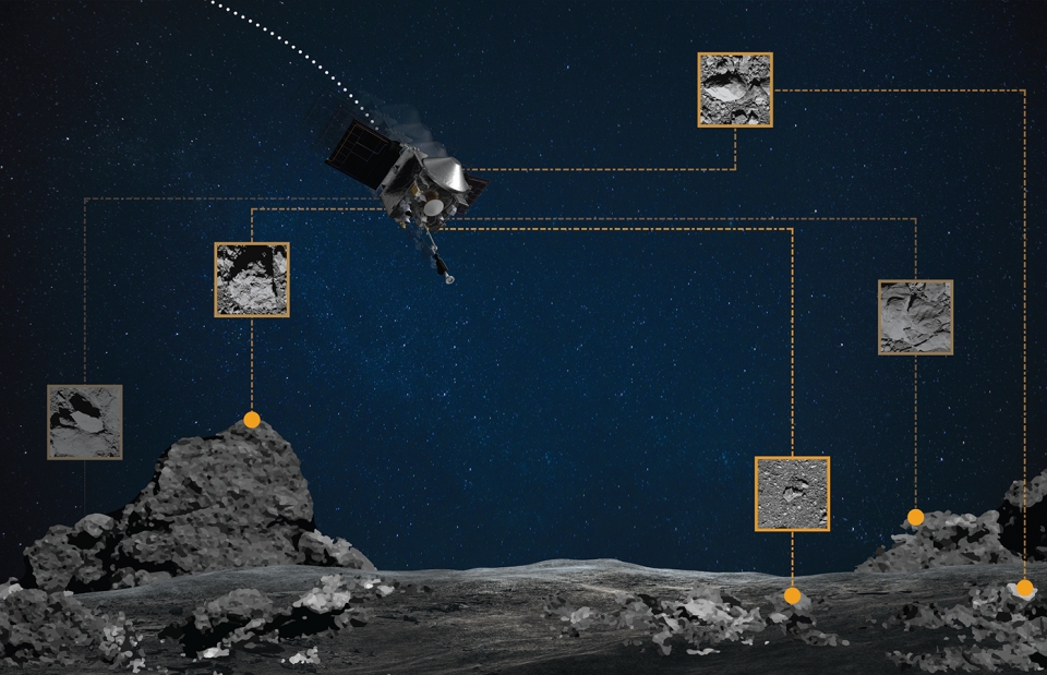 샘플 수집 동안  NFT는 탐사선을 소행성 베누의 표면으로 안내할 것이다. 출처: NASA/Goddard/University of Arizona