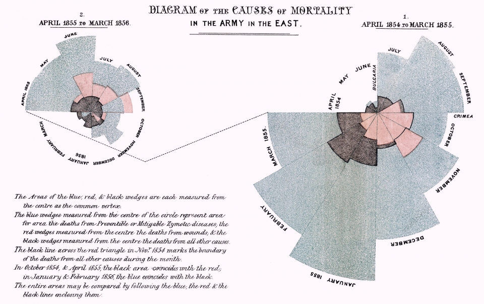 나이팅게일이 1858년 만든 맨드라미 다이어그램. 오른쪽 그래프에서 부채꼴 모양의 쐐기 12개의 맨 바깥쪽 칸은 1854년 4월~1855년 3월까지 '예방 가능하거나 완화할 수 있는 전염병'에 따른 크림전쟁의 월별 사망자 수를 나타낸다. 점선은 왼쪽 그래프로 이어지는데 이 그래프는 다음해인 1855년 4월~1856년 3월까지 데이터를 보여준다. 각 그래프에서 쐐기 안쪽 두 칸은 전투 중 입은 부상에 따른 사망자수(검은색)와 다른 원인으로 생긴 사망자수(연한 회색)을 나타낸다. 출처: Wikimedia Commons
