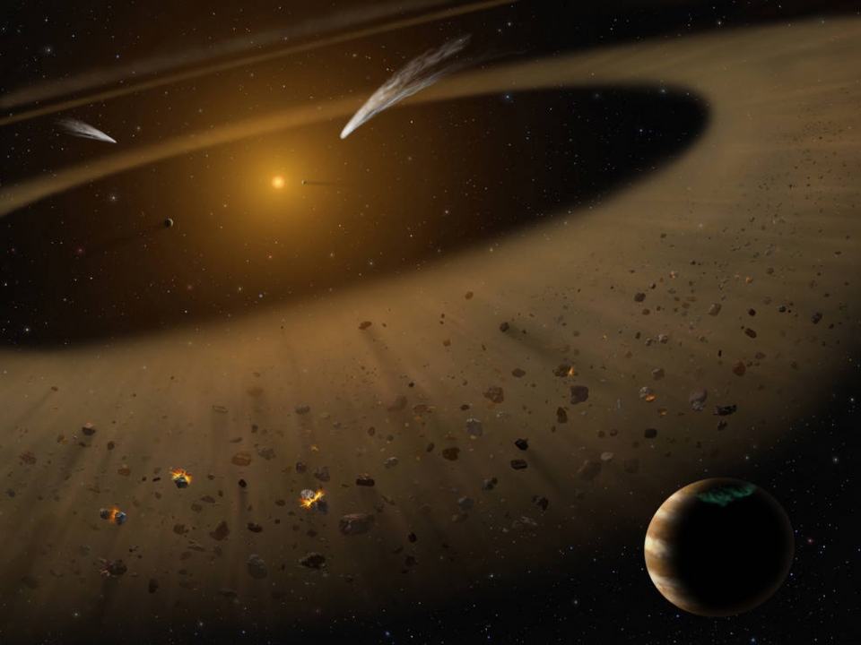 엡실론 에리다니 b를 보여주는 엡실론 에리다니 시스템의 모습. 오른쪽에 목성 크기의 행성이 소행성대 바깥 가장자리에서 모항성 주위를 돌고 있는 것이 보인다. 출처:  NASA/SOFIA/Lynette Cook