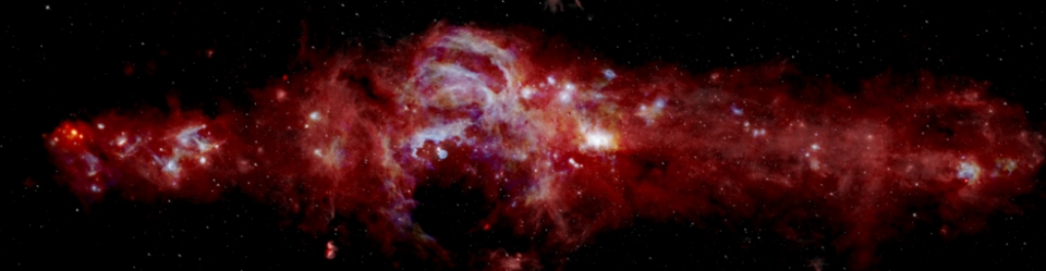 우리 은하 중심부의 적외선 이미지. 직경이 600광년 이상으로 과학자들이 우리은하 중심에 얼마나 많은 거대한 별들이 형성되고 있는지 알 수 있도록 해준다. 출처: NASA/SOFIA/JPL-Caltech/ESA/Herschel