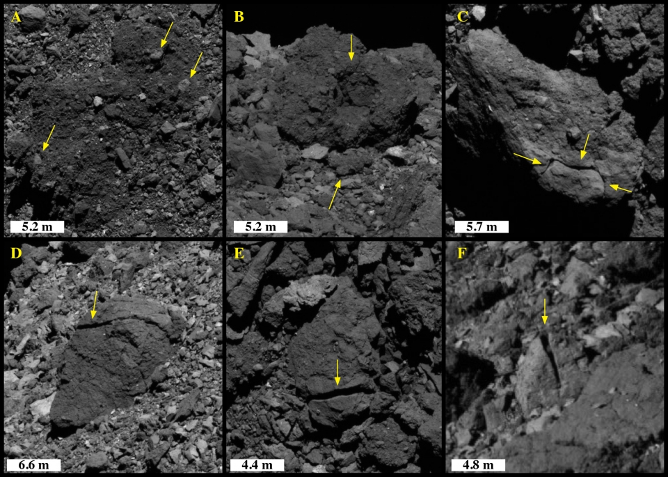 NASA의 OSIRIS-REX 우주선으로 촬영 한 이미지. 소행성 Bennu의 바위에 균열이 간 걸 볼 수있다. 출처: NASA/Goddard/University of Arizona