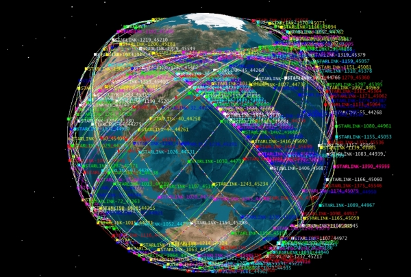 2020년 6월 22일 기준 지구 상공에 떠있는 스타링크 인공위성(약 538개)의 궤도를 STK(Satellite Tool Kit) 프로그램을 통해 구현한 모습. 출처: 한국천문연구원 우주위험감시센터(AGI STK®)