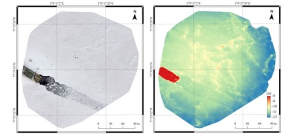 드론 촬영영상을 하나로 모아서 제작한 북극 해빙의 모습 (왼쪽)과 수치표고모델(오른쪽). 수치표고모델에서 적색일수록 높은 고도, 푸른색일수록 낮은 고도를 나타냄