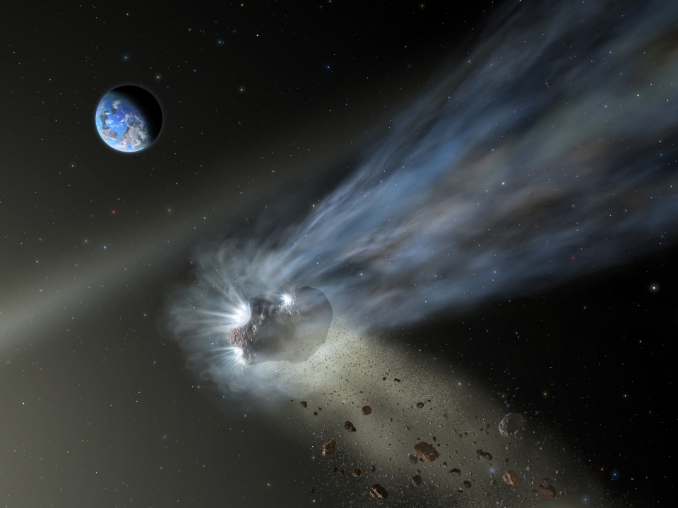 오르트 구름에서 만들어진 혜성이 내태양계를 통과하며 먼지와 가스가 증발하며 꼬리를 만들고 있다. SOFIA가 카탈리나 혜성을 관측한 결과 탄소가 풍부함이 밝혀졌다. 초기 태양계 형성 때 지구와 화성 같은 암석형 행성에 탄소를 전달했을 것으로 추측된다. 출처: NASA/SOFIA/Lynette Cook