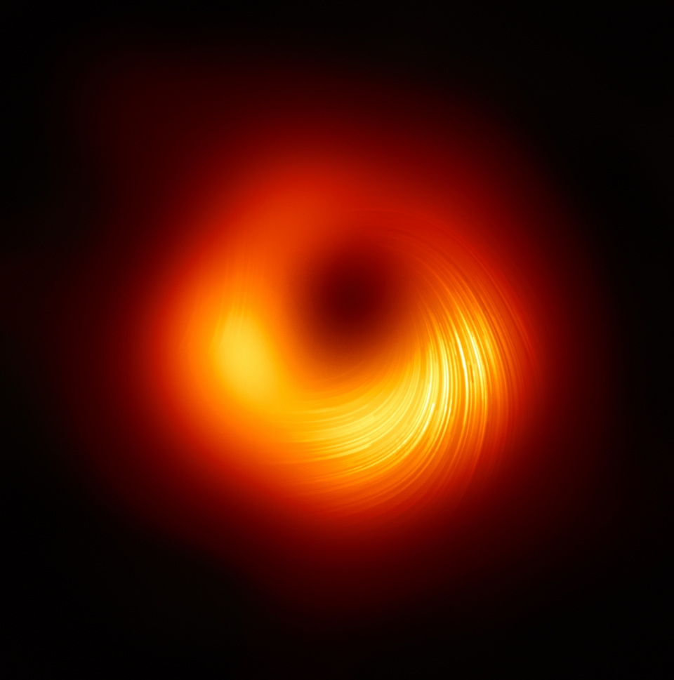 EHT 국제 공동 연구팀이 공개한 M87 은하 중심에 있는 초대질량블랙홀의 편광 영상. 출처: 한국천문연구원