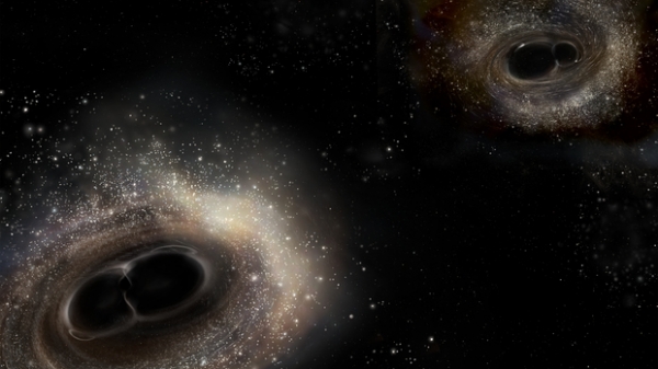 블랙홀 쌍성계의 병합을 묘사한 그림. 출처:  LIGO/A. Simonnet.