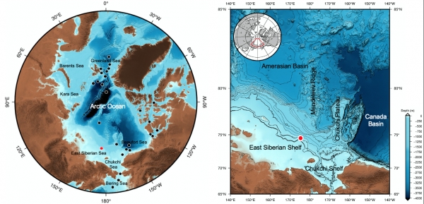 동시베리아해 수중음향 관측 위치. 동시베리아해 내 극지연구소 관측 지점 (붉은색 원)과 선행 연구들의 관측 지점 (검정색 원)