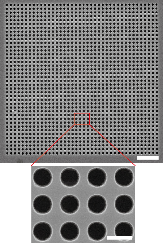 제작된 레이저 구조                        제작된 ‘슈퍼 BIC’ 레이저 구조의 전자현미경 사진. 구멍 사이의 간격이 574 nm 이상일 때 ‘슈퍼 BIC’ 레이저가 나타난다. 그림 및 그림설명 제공 : 고려대학교 박홍규 교수