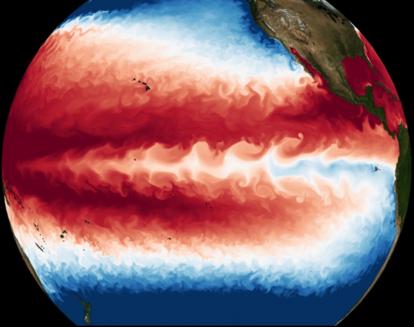 전례 없는 공간 해상도의 대기-해양 결합 모델에서 시뮬레이션 된 해수면 온도. 적도 태평양에서 보이는 물결 모양 구조의 차가운 해수 흐름이 열대 불안정파를 나타낸다. 해당 시뮬레이션은 IBS의 슈퍼컴퓨터 알레프(Aleph)에서 수행되었다. 출처 : 부산대학교