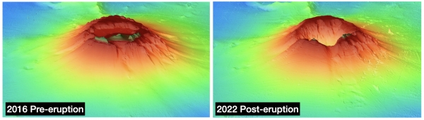통가 화산폭발 전후 지형도. 3D 지형도 영상 (폭발 전/후). 출처 : 극지연구소