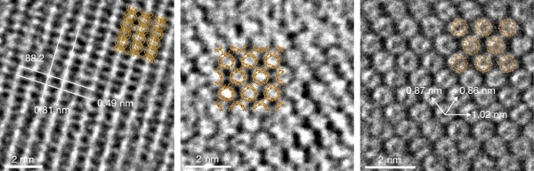 풀러렌 및 LOPC의 미세구조. 풀러렌(왼쪽)과 LOPC(가운데 및 오른쪽) 분자의 투과전자현미경 이미지. 출처 : IBS